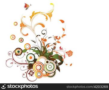 abstract illustration with floral, circles and butterfly