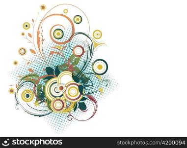 abstract illustration with floral, circles and halftone