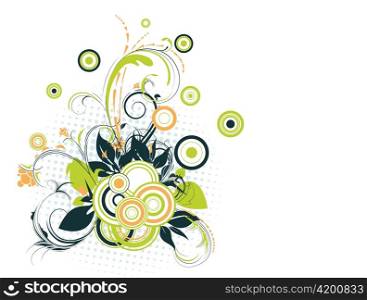 abstract illustration with floral, circles and halftone