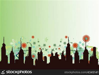 abstract illustration with floral, grunge and city