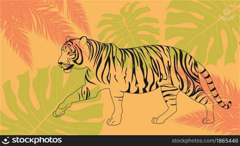 Abstract illustration with walking tiger and tropical leaves in line art style.