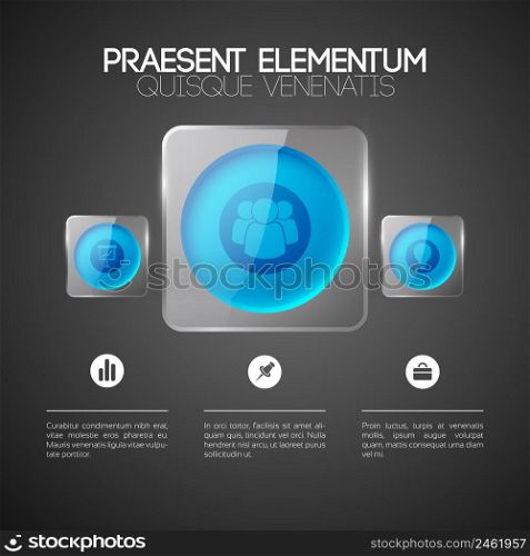 Abstract infographic design concept with text business icons blue round buttons in glass square frames vector illustration. Abstract Infographic Design Concept