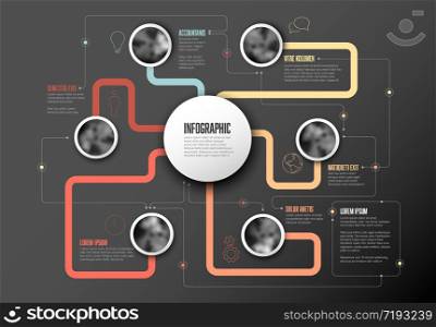 Abstract Infographic Template with circle photo placeholders on colorful line - dark background version with pastel colors