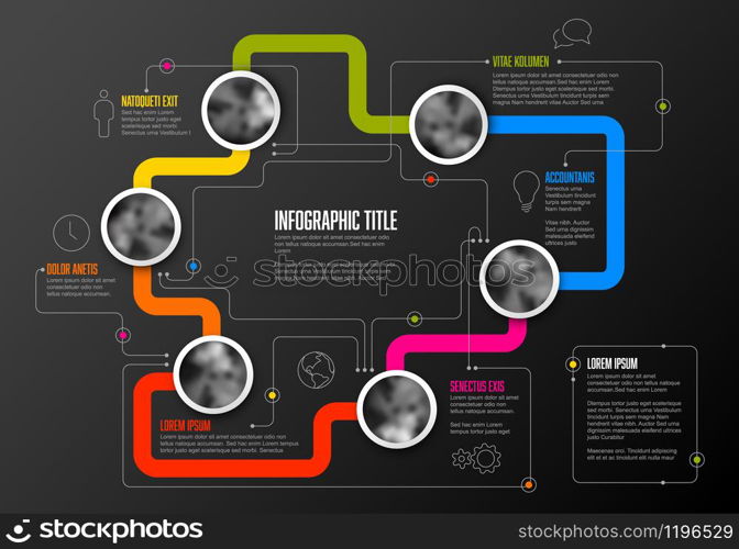 Abstract Infographic Template with circle photo placeholders on colorful line - dark version