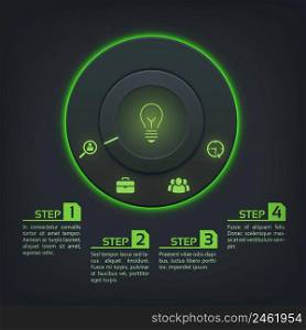 Abstract infographic template with round button green backlight four options and icons on dark background vector illustration. Abstract Infographic Template