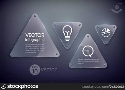 Abstract infographic web template with glass triangles and business icons on dark background vector illustration. Abstract Infographic Web Template