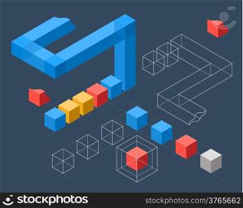Abstract infographics with flat colored cubes and wired structures