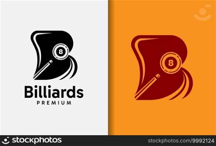Abstract Initial Letter B Combined with Billiard Stick and Ball Concept. Flat Vector Logo Illustration.