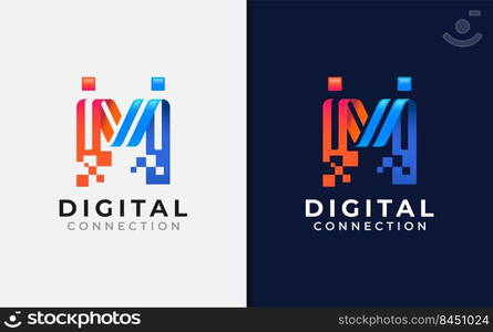 Abstract Initial Letter M Logo Design. Creative Blue Orange Connecting Partnership People with Digital Futuristic Style.