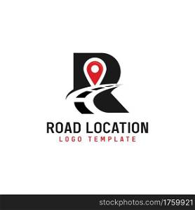 Abstract Initial Letter R Combined with Asphalt Road Silhouette and Pin Location Symbol Logo Design. Graphic Design Element.