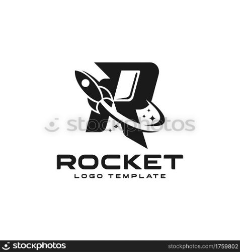 Abstract Initial Letter R Logo Combined with Flying Rocket Silhouette Logo Design. Graphic Design Element.
