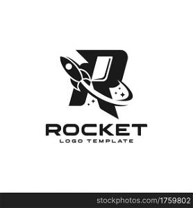 Abstract Initial Letter R Logo Combined with Flying Rocket Silhouette Logo Design. Graphic Design Element.