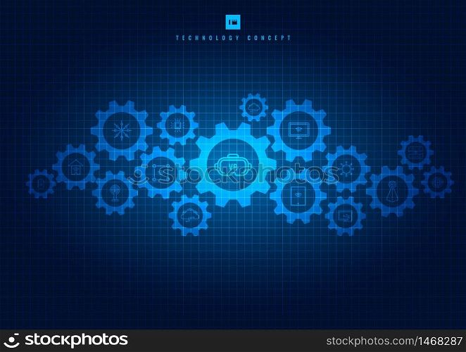 Abstract integrated gears and icons technology mechanism on glowing blue background. You can use for digital media, internet, network, connect, communicate, social media and global concepts. Vector illustration