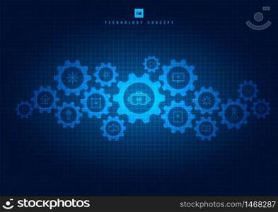 Abstract integrated gears and icons technology mechanism on glowing blue background. You can use for digital media, internet, network, connect, communicate, social media and global concepts. Vector illustration