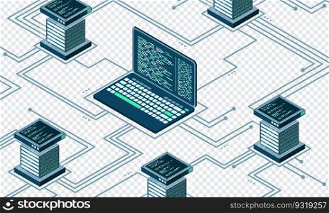 Abstract isometric high technology concept. Cloud storage isometric illustration. Big data center with server. Server room. Vector illustration