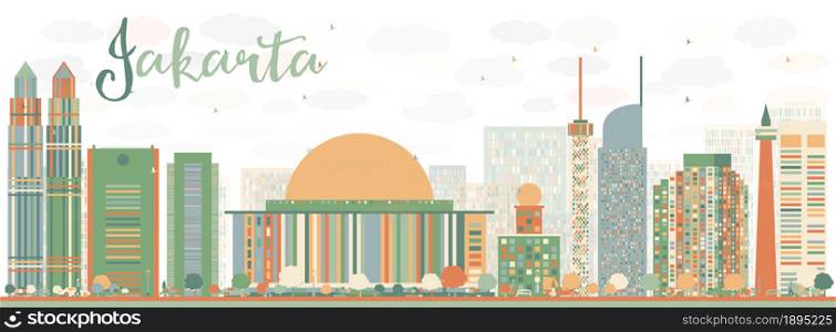 Abstract Jakarta skyline with color landmarks. Vector illustration. Business travel and tourism concept with historic buildings. Image for presentation, banner, placard and web site.