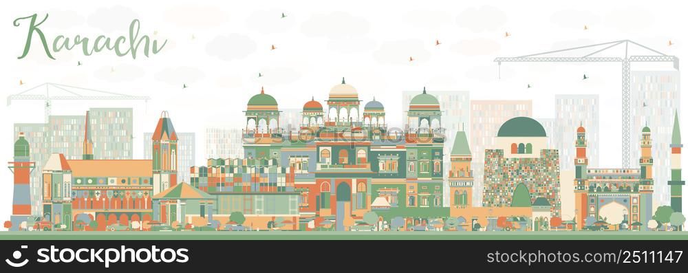 Abstract Karachi Skyline with Color Landmarks. Vector Illustration. Business Travel and Tourism Concept with Historic Buildings. Image for Presentation Banner Placard and Web Site.