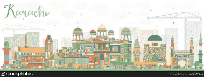 Abstract Karachi Skyline with Color Landmarks. Vector Illustration. Business Travel and Tourism Concept with Historic Buildings. Image for Presentation Banner Placard and Web Site.