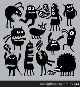 Abstract kids fear monster character. Black silhouette funny and fear, fun halloween spooky. Vector illustration. Abstract kids fear monster character. Black silhouette
