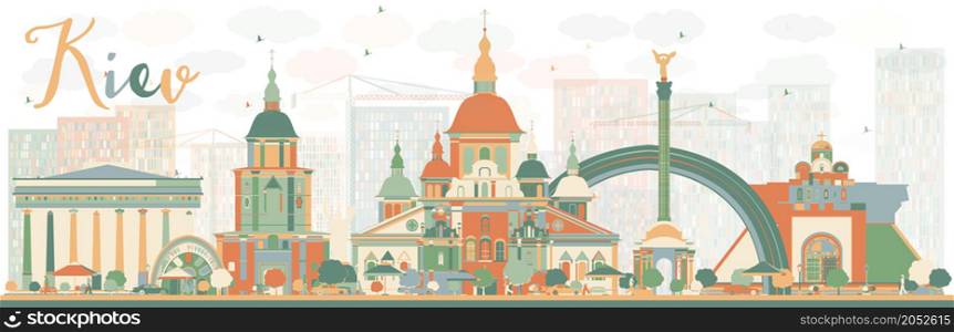 Abstract Kiev skyline with color landmarks. Vector illustration. Business travel and tourism concept with historic buildings. Image for presentation, banner, placard and web site.