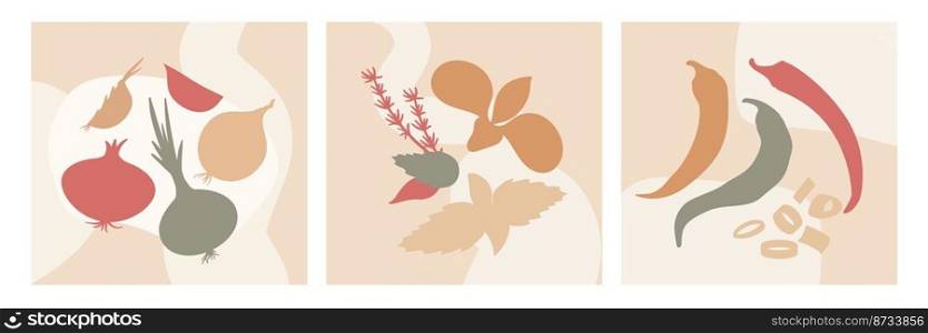 Abstract kitchen sπces cards. Plants silhouettes, modern decorative posters with ve≥tab≤s. Dood≤e≤ments, spring∑mer vegan≠at vector ban≠r. Illustration of kitchen graφc drawing. Abstract kitchen sπces cards. Plants silhouettes, modern decorative posters with ve≥tab≤s. Dood≤e≤ments, spring∑mer vegan≠at vector ban≠r