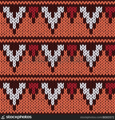 Abstract knitting ornamental seamless ethnic vector pattern with rows of geometric figures as a knitted fabric texture in warm colors