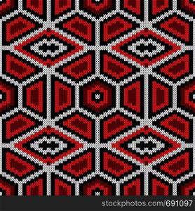 Abstract knitting ornamental seamless vector pattern as a knitted fabric texture in red, black and white colors