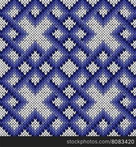 Abstract knitting ornamental seamless vector pattern as a knitted fabric texture in blue and white colors