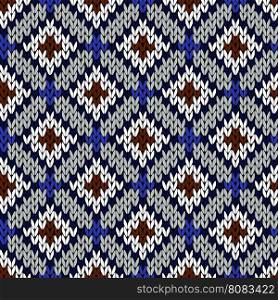 Abstract knitting ornamental seamless vector pattern as a knitted fabric texture in blue, grey, brown and white colors
