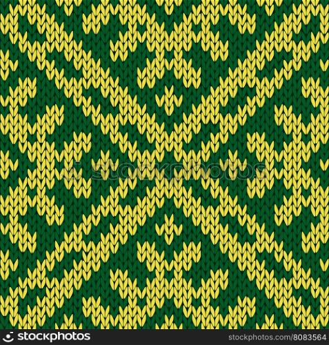 Abstract knitting ornamental seamless vector pattern as a knitted fabric texture in green and yellow colors