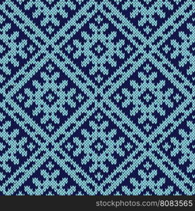 Abstract knitting ornamental seamless vector pattern as a knitted fabric texture in dark and light blue hues