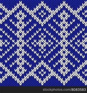 Abstract knitting ornamental seamless vector pattern in blue and white colors as a knitted fabric texture
