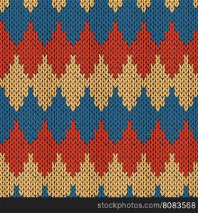 Abstract knitting ornamental seamless vector pattern with geometric color figures as a knitted fabric texture in blue, orange and beige colors