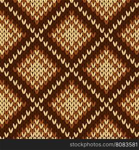 Abstract knitting ornamental seamless vector pattern with square cells in various hues of brown as a knitted fabric texture