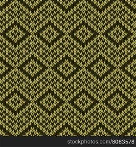 Abstract knitting ornate seamless vector pattern in muted dark green and khaki colors as a knitted fabric texture