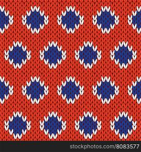 Abstract knitting seamless vector pattern with orderliness blue and white cells over orange background as a knitted fabric texture