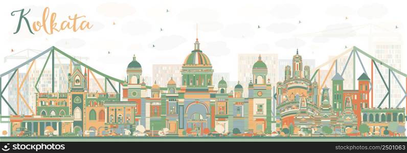 Abstract Kolkata Skyline with Color Landmarks. Vector Illustration. Business Travel and Tourism Concept with Historic Buildings. Image for Presentation Banner Placard and Web Site.