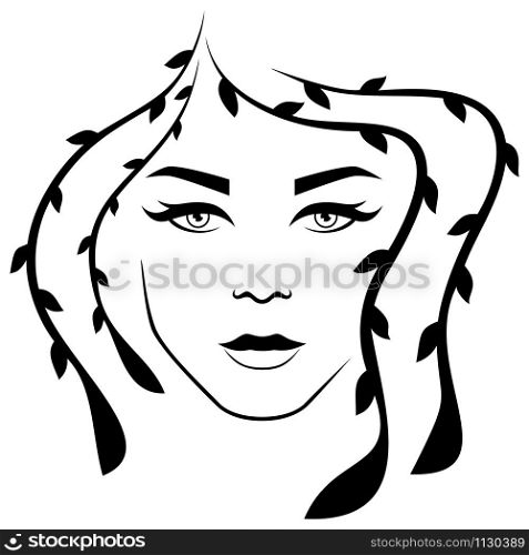 Abstract lady with stylized floral hair and with distinctive eyes, isolated on the white background vector for cosmetic products design