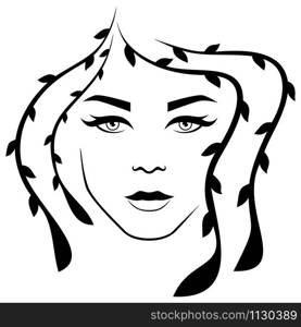Abstract lady with stylized floral hair and with distinctive eyes, isolated on the white background vector for cosmetic products design