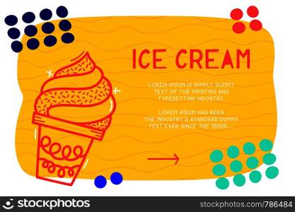 Abstract landing page pattern with different element, text block and doodle ice cream icon. Vector fun background.