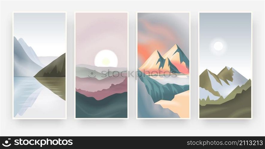 Abstract landscape posters. Modern background with mountains sunset sun and lakes, trendy vintage banners with nature graphic. Vector illustration set modern landscape canvas arts. Abstract landscape posters. Modern background with mountains sunset sun and lakes, trendy vintage banners with nature graphic. Vector illustration set
