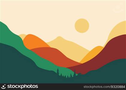 Abstract landscape with sunset over colorful mountains, minimalist style illustration.