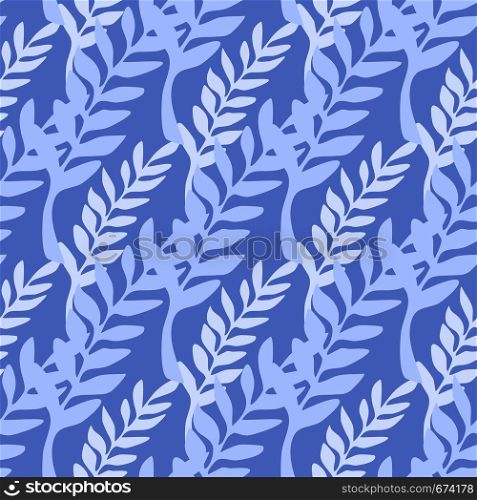 Abstract leaf branch backdrop. Blue branches seamless pattern. Vector illustration on blue background for textile or book covers, wallpapers, design, graphic art, wrapping. Abstract leaf branch backdrop. Blue branches seamless pattern.