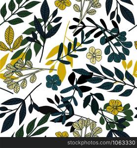 Abstract leaves and little flowers seamless pattern on white background. Folk floral endless wallpaper. Botanical background. Trendy fabric design, wrapping paper. Vector illustration. Abstract leaves and little flowers seamless pattern on white background.