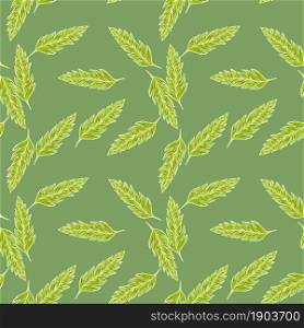 Abstract leaves seamless pattern on green background. Floral wallpaper. Simple foliage ornament. Leaf backdrop. For fabric design, textile print, wrapping, cover. Vector illustration. Abstract leaves seamless pattern on green background. Floral wallpaper.