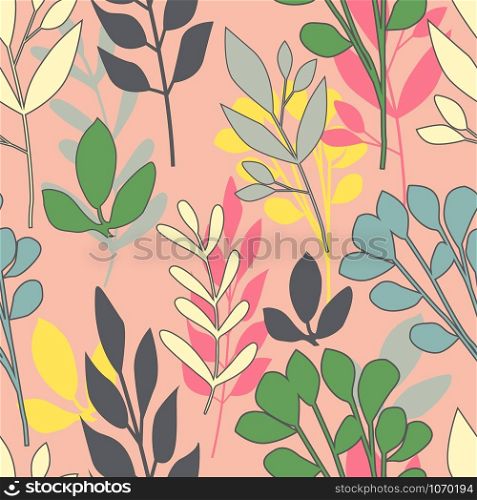 Abstract leaves seamless pattern on pink background. Printing, textile, fabric, fashion, interior, wrapping paper concept Vector illustration. Abstract leaves seamless pattern on pink background.