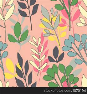 Abstract leaves seamless pattern on pink background. Printing, textile, fabric, fashion, interior, wrapping paper concept Vector illustration. Abstract leaves seamless pattern on pink background.