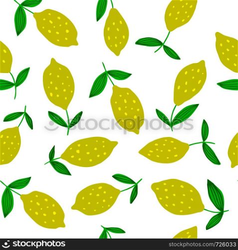 Abstract Lemon seamless pattern with leaves. Seamless pattern with citrus fruits collection. Summer design for fabric, textile print, wrapping paper, children textile. Vector illustration. Hand drawn Lemon seamless pattern with leaves.