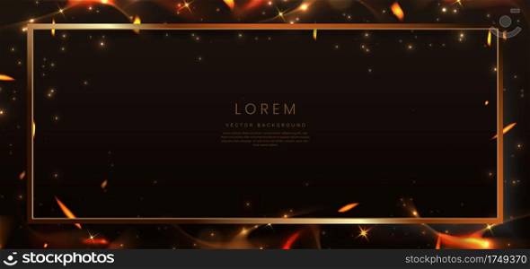 Abstract lighting effect dot neon gold light sparkle on dark brown background. Luxury greeting card frame. Vector illustration