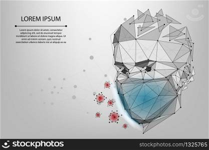 Abstract line and point man in protective face mask. Polygonal protection against viruses of coronavirus, bacteria, smog, COVID-19. Low poly vector illustraion of protection against the flu.